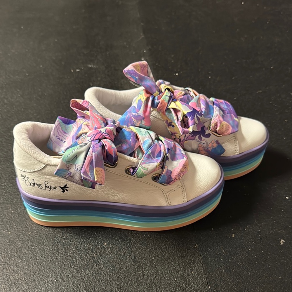 John Fluevog White and Purple Chunky Sneakers